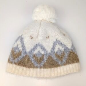 Banana‎ Republic Womens Alpaca Fair Isle Beanie Hat Cream Brown Apre Ski Pom Pom